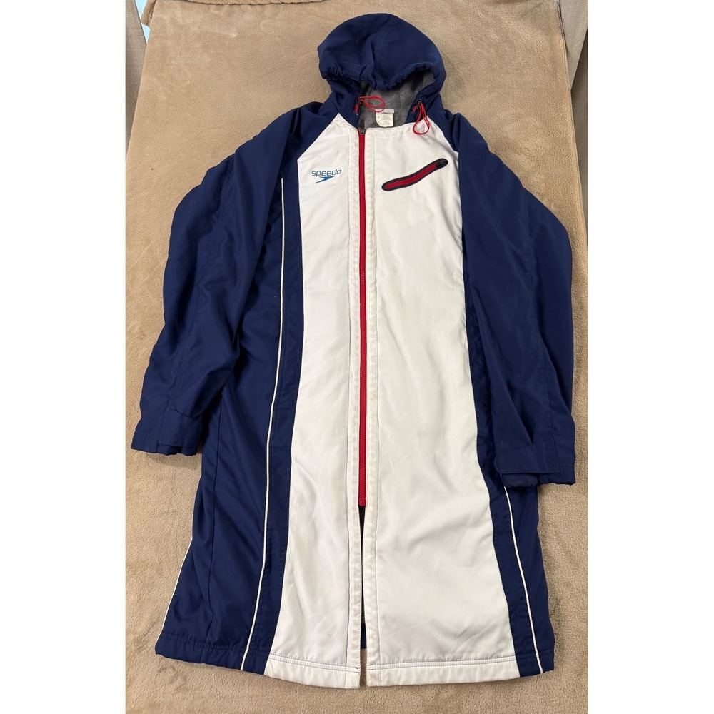 Speedo USA Swim Parka Mens Medium Navy Blue White Fleece Lined Hooded Jacket EUC